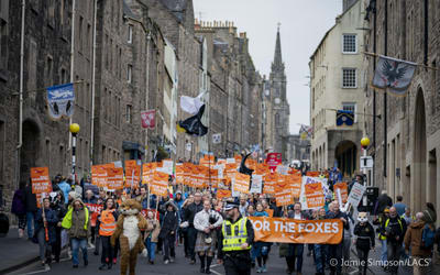 People holding placards marching down the Royal Mile at the March for The Foxes