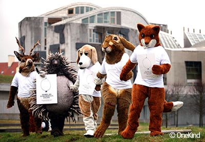 OneKind team dressed as animals at demo against snares at Scottish Parliament in 2008.