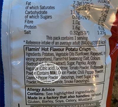 Ingredients list on a bag of crisps.