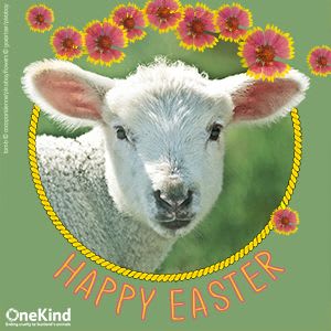 Easter card with lamb and flowers.