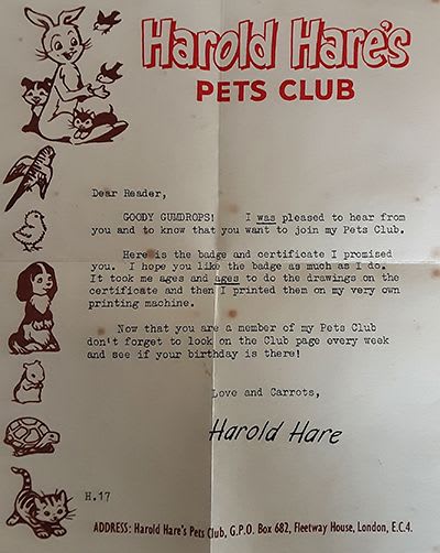 Letter written to member of Harold Hares pets club.
