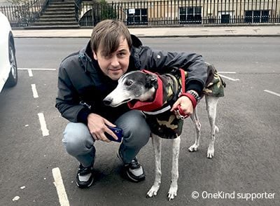 British metal band Napalm Death vocalist Barney Green with rescued greyhound.