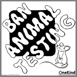Card with the words Ban Animal Testing and a small drawing of a mouse.